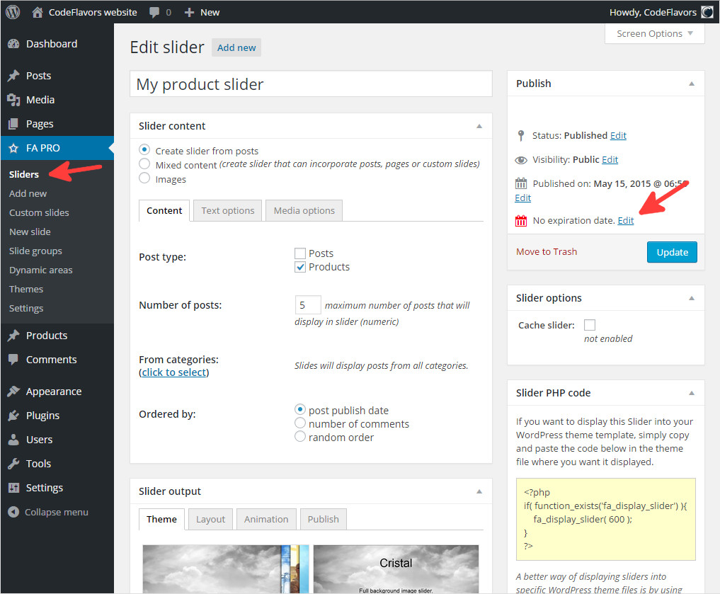 FA Pro WordPress slider expiration date edit