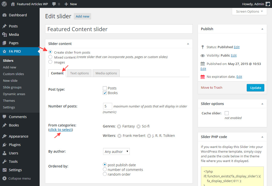 WordPress featured content slider - set post query